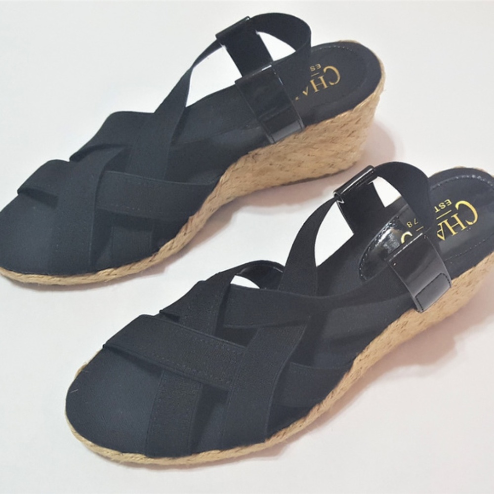 Chaps Black Strappy Wedge Sandals